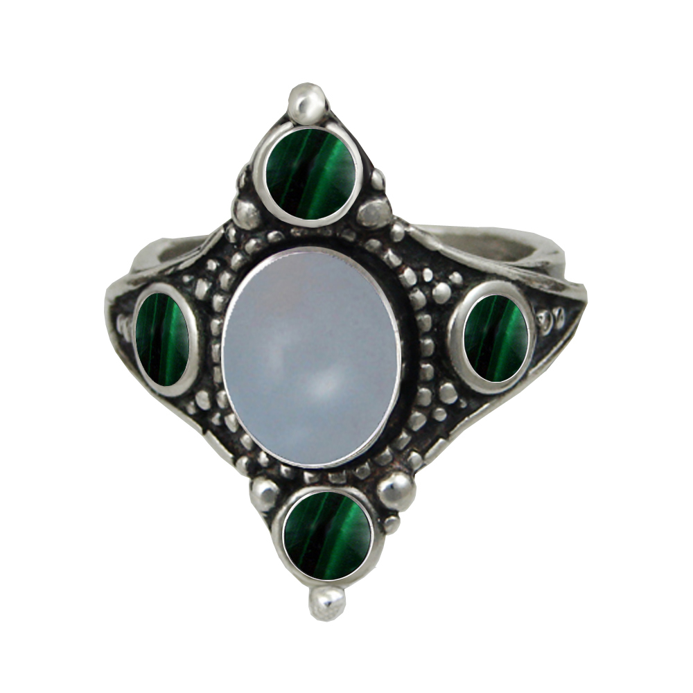 Sterling Silver Renaissance Queen's Ring With Chalcedony And Malachite Size 9